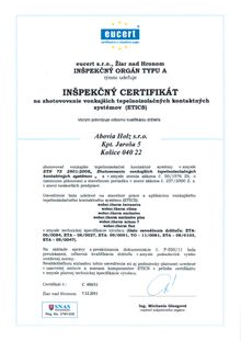 Inspekcny certifikat na zhotovovanie vonkajsich tepelnoizolacnych kontaktnych systemov ETICS