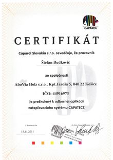 Certifikat preskolenie k odbornej aplikacii zateplovacieho systemu CAPATECT.