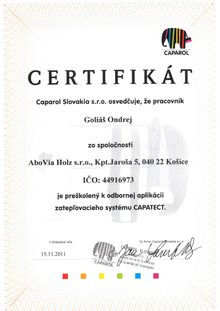 Certifikat preskolenie k odbornej aplikacii zateplovacieho systemu CAPATECT.