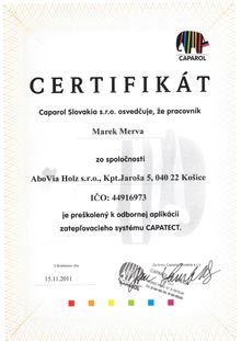 Certifikat preskolenie k odbornej aplikacii zateplovacieho systemu CAPATECT.